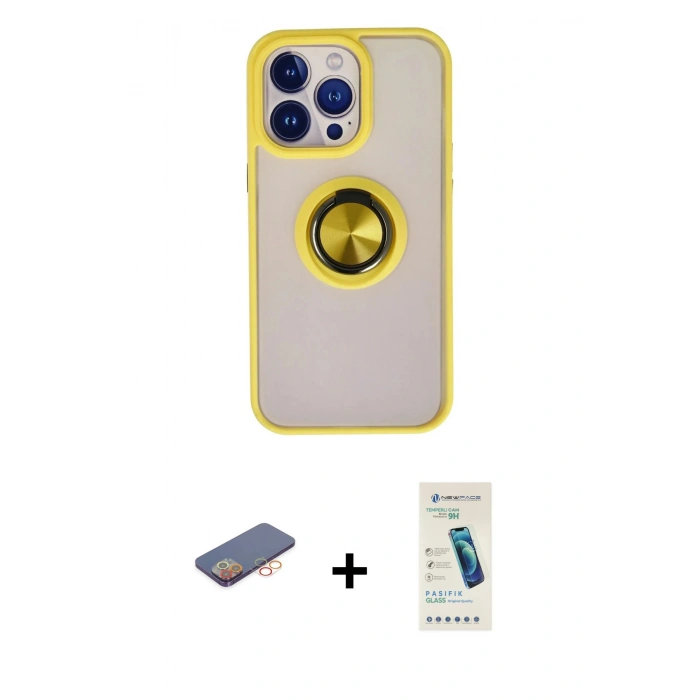 MARSİLYAN™- iPhone 13 Pro Max Kılıf Yörünge Çizgi - Şeffaf Pasifik Cam Ekran Koruyucu + Renkli Kamera Lens Koruma Cam - TU