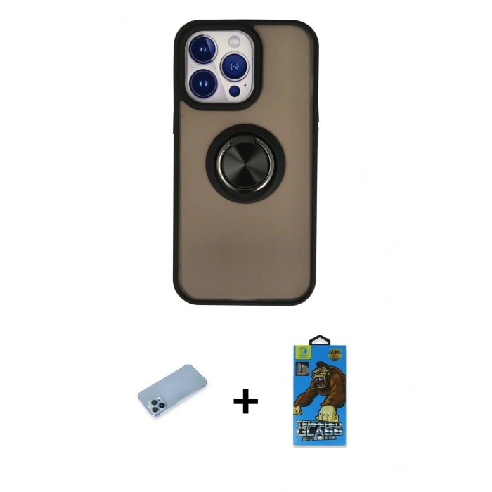 MARSİLYAN™- iPhone 13 Pro Max Kılıf Yörünge Çizgi - Siyah 18D Cam Ekran Koruyucu + Shine Kamera Lens Koruma Cam - MI