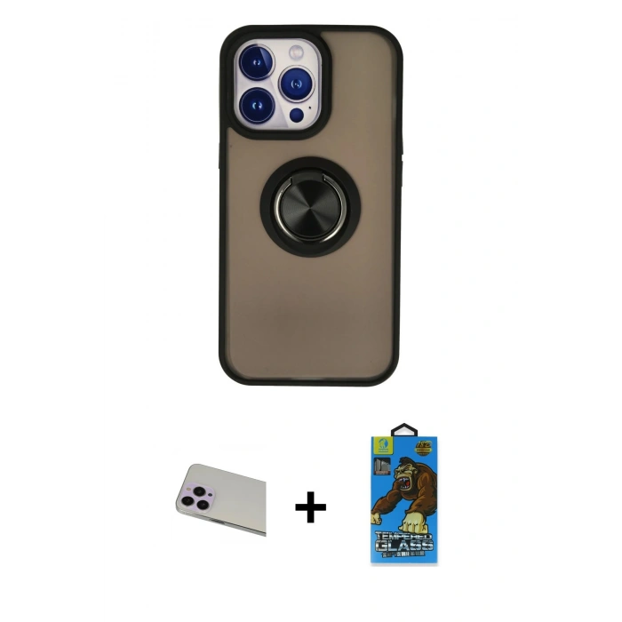 MARSİLYAN™- iPhone 13 Pro Max Kılıf Yörünge Çizgi - Siyah 18D Cam Ekran Koruyucu + Rainbow Kamera Lens Koruma Cam - MR