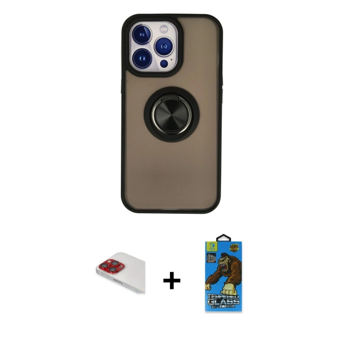 MARSİLYAN™- iPhone 13 Pro Max Kılıf Yörünge Çizgi - Siyah 18D Cam Ekran Koruyucu + Pers Alüminyum Kamera Lens - KI
