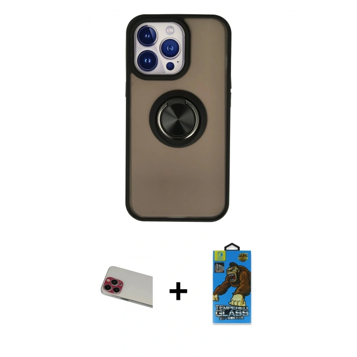 MARSİLYAN™- iPhone 13 Pro Max Kılıf Yörünge Çizgi - Siyah 18D Cam Ekran Koruyucu + Rainbow Kamera Lens Koruma Cam - KI