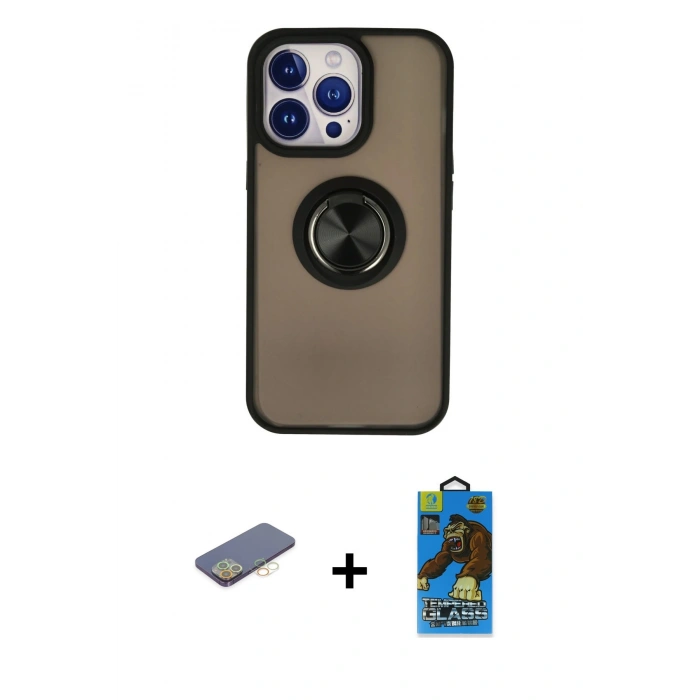 MARSİLYAN™- iPhone 13 Pro Max Kılıf Yörünge Çizgi - Siyah 18D Cam Ekran Koruyucu + Renkli Kamera Lens Koruma Cam - SI