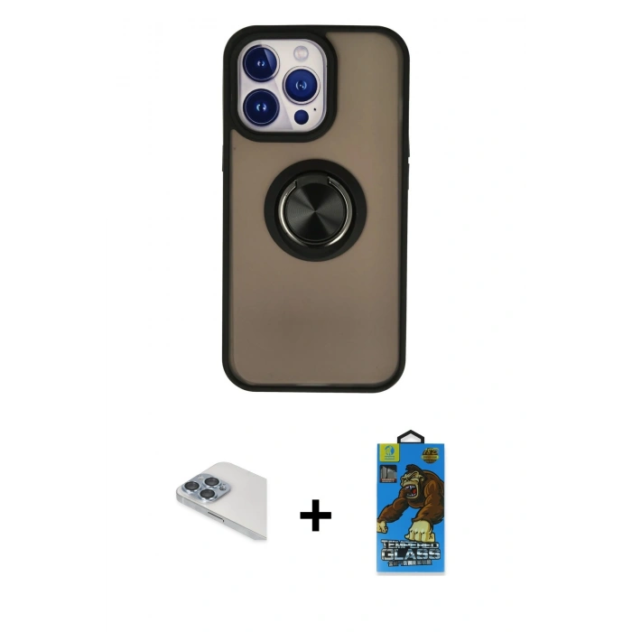 MARSİLYAN™- iPhone 13 Pro Max Kılıf Yörünge Çizgi - Siyah 18D Cam Ekran Koruyucu + Pers Alüminyum Kamera Lens - SABE