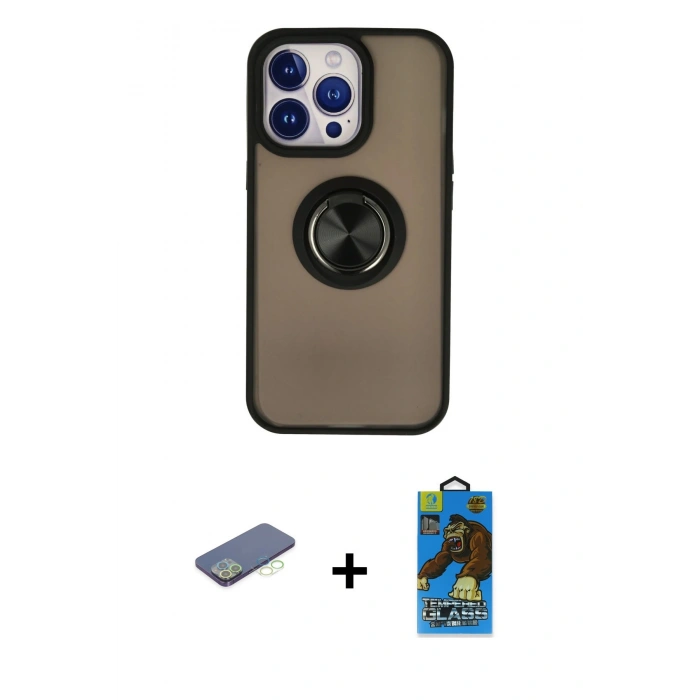 MARSİLYAN™- iPhone 13 Pro Max Kılıf Yörünge Çizgi - Siyah 18D Cam Ekran Koruyucu + Renkli Kamera Lens Koruma Cam - YL