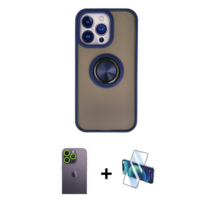 MARSİLYAN™- iPhone 13 Pro Max Kılıf Yörünge Çizgi - Siyah 3D Antistatik Cam Ekran Koruyucu + Neon Fosforlu Kamera Lens - YL