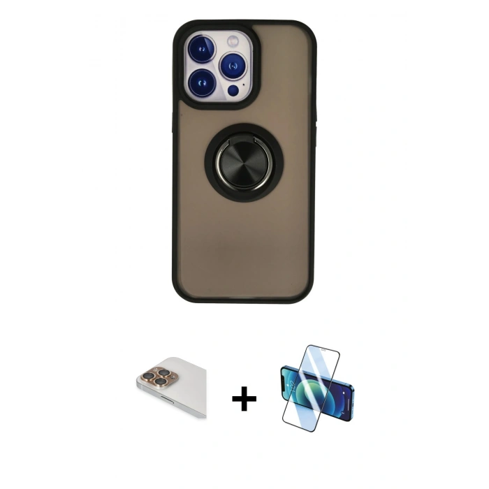 MARSİLYAN™- iPhone 13 Pro Max Kılıf Yörünge Çizgi - Siyah 3D Antistatik Cam Ekran Koruyucu + Pers Alüminyum Kamera Lens - GD