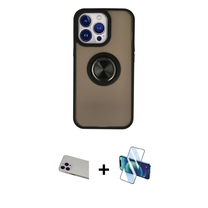 MARSİLYAN™- iPhone 13 Pro Max Kılıf Yörünge Çizgi - Siyah 3D Antistatik Cam Ekran Koruyucu + Rainbow Kamera Lens Koruma Cam - MR