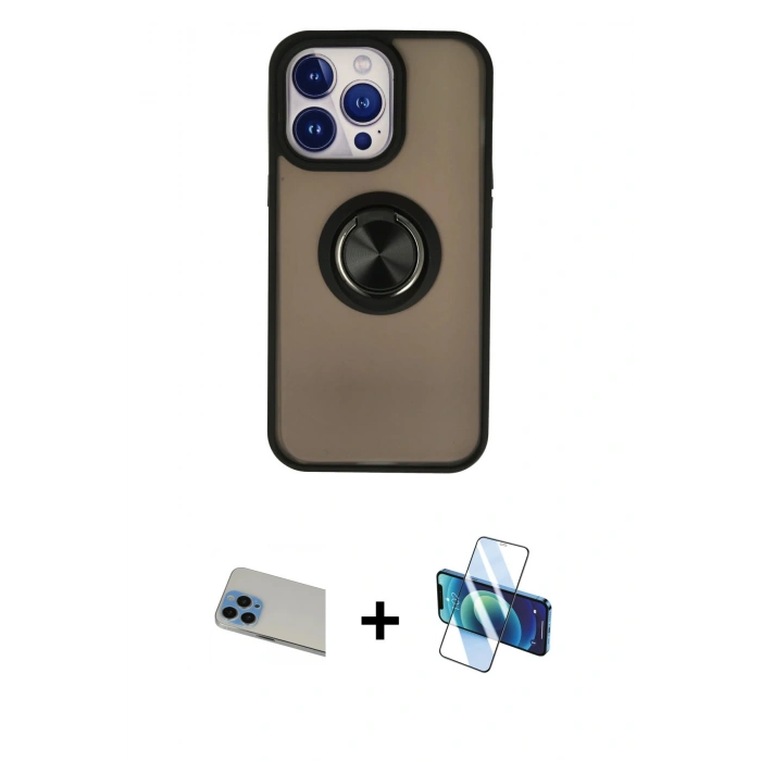MARSİLYAN™- iPhone 13 Pro Max Kılıf Yörünge Çizgi - Siyah 3D Antistatik Cam Ekran Koruyucu + Rainbow Kamera Lens Koruma Cam - MI