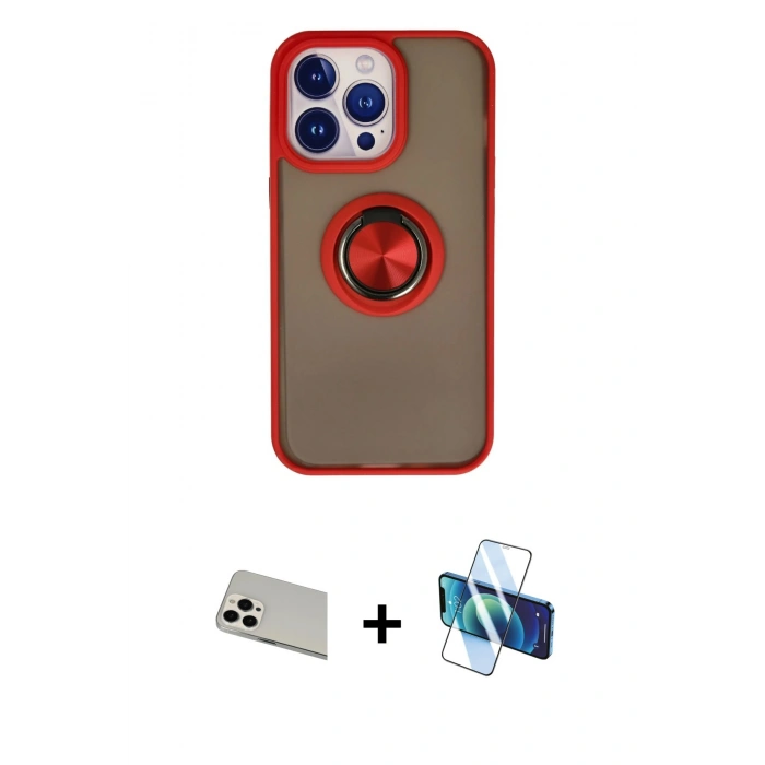 MARSİLYAN™- iPhone 13 Pro Max Kılıf Yörünge Çizgi - Siyah 3D Antistatik Cam Ekran Koruyucu + Rainbow Kamera Lens Koruma Cam - BZ