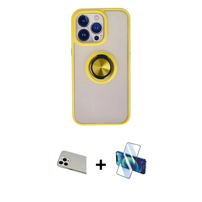 MARSİLYAN™- iPhone 13 Pro Max Kılıf Yörünge Çizgi - Siyah 3D Antistatik Cam Ekran Koruyucu + Rainbow Kamera Lens Koruma Cam - BZ