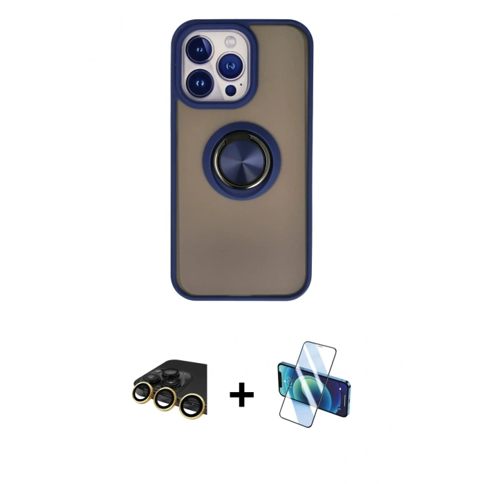 MARSİLYAN™- iPhone 13 Pro Max Kılıf Yörünge Çizgi - Siyah 3D Antistatik Cam Ekran Koruyucu + Raze Metal Kamera Lens - GD