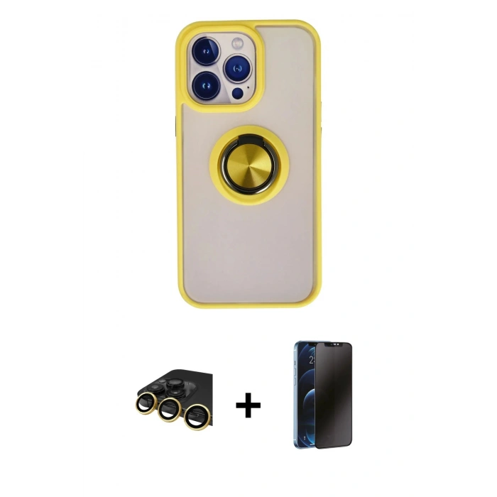 MARSİLYAN™- iPhone 13 Pro Max Kılıf Yörünge Çizgi - Siyah 3D Antistatik Hayalet Cam Ekran Koruyucu + Raze Metal Kamera Lens - GD