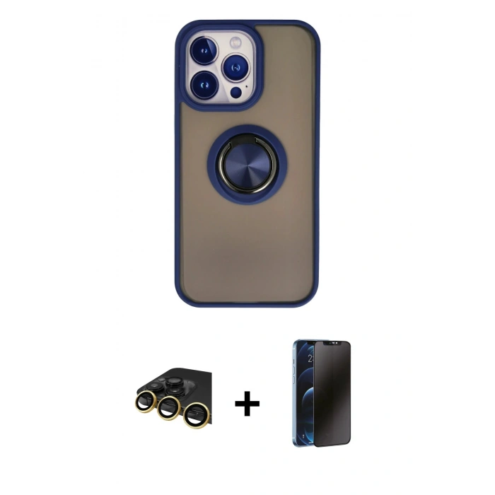 MARSİLYAN™- iPhone 13 Pro Max Kılıf Yörünge Çizgi - Siyah 3D Antistatik Hayalet Cam Ekran Koruyucu + Raze Metal Kamera Lens - GD