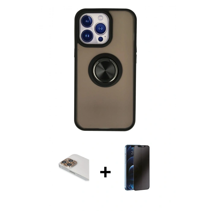 MARSİLYAN™- iPhone 13 Pro Max Kılıf Yörünge Çizgi - Siyah 3D Antistatik Hayalet Cam Ekran Koruyucu + Pers Alüminyum Kamera Lens - GD