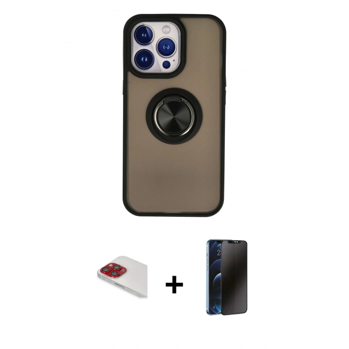 MARSİLYAN™- iPhone 13 Pro Max Kılıf Yörünge Çizgi - Siyah 3D Antistatik Hayalet Cam Ekran Koruyucu + Pers Alüminyum Kamera Lens - KI