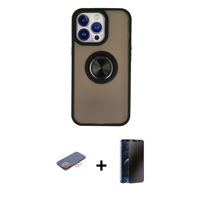 MARSİLYAN™- iPhone 13 Pro Max Kılıf Yörünge Çizgi - Siyah 3D Antistatik Hayalet Cam Ekran Koruyucu + Renkli Kamera Lens Koruma Cam - TU