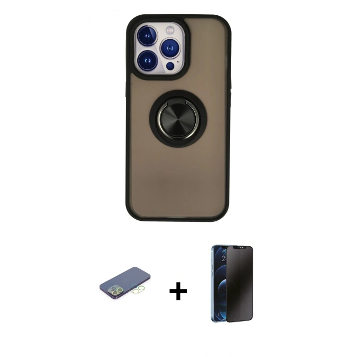 MARSİLYAN™- iPhone 13 Pro Max Kılıf Yörünge Çizgi - Siyah 3D Antistatik Hayalet Cam Ekran Koruyucu + Renkli Kamera Lens Koruma Cam - YL