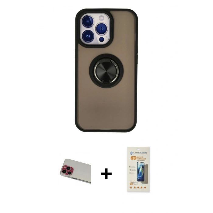 MARSİLYAN™- iPhone 13 Pro Max Kılıf Yörünge Çizgi - Siyah 6D Mat Seramik Hayalet Nano Ekran Koruyucu + Rainbow Kamera Lens Koruma Cam - KI
