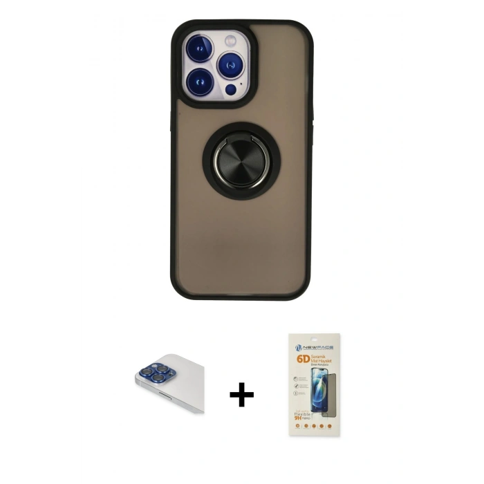 MARSİLYAN™- iPhone 13 Pro Max Kılıf Yörünge Çizgi - Siyah 6D Mat Seramik Hayalet Nano Ekran Koruyucu + Pers Alüminyum Kamera Lens - LT