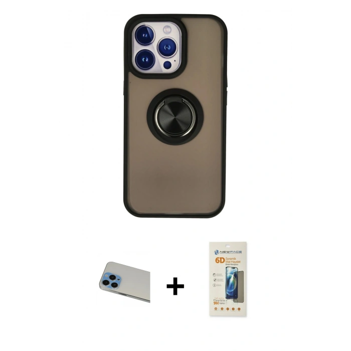 MARSİLYAN™- iPhone 13 Pro Max Kılıf Yörünge Çizgi - Siyah 6D Mat Seramik Hayalet Nano Ekran Koruyucu + Rainbow Kamera Lens Koruma Cam - MI