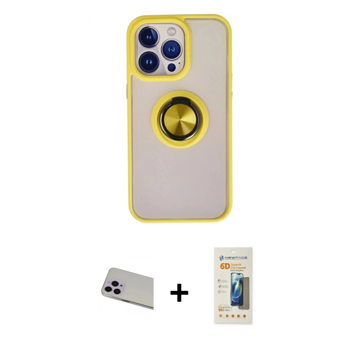 MARSİLYAN™- iPhone 13 Pro Max Kılıf Yörünge Çizgi - Siyah 6D Mat Seramik Hayalet Nano Ekran Koruyucu + Mor Rainbow Kamera Lens Koruma Cam
