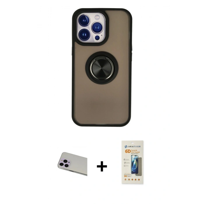 MARSİLYAN™- iPhone 13 Pro Max Kılıf Yörünge Çizgi - Siyah 6D Mat Seramik Hayalet Nano Ekran Koruyucu + Mor Rainbow Kamera Lens Koruma Cam