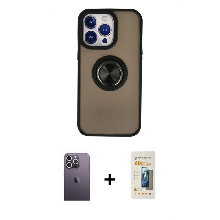 MARSİLYAN™- iPhone 13 Pro Max Kılıf Yörünge Çizgi - Siyah 6D Mat Seramik Hayalet Nano Ekran Koruyucu + Neon Fosforlu Kamera Lens - BZ