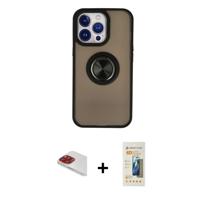 MARSİLYAN™- iPhone 13 Pro Max Kılıf Yörünge Çizgi - Siyah 6D Mat Seramik Hayalet Nano Ekran Koruyucu + Pers Alüminyum Kamera Lens - KI
