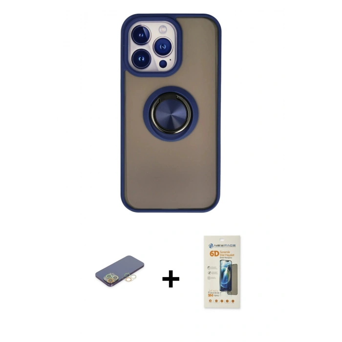 MARSİLYAN™- iPhone 13 Pro Max Kılıf Yörünge Çizgi - Siyah 6D Mat Seramik Hayalet Nano Ekran Koruyucu + Sarı Renkli Kamera Lens Koruma Cam