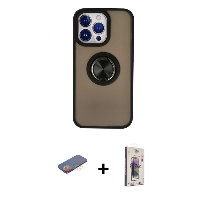 MARSİLYAN™- iPhone 13 Pro Max Kılıf Yörünge Çizgi - Siyah Bilvis 3D Cam Ekran Koruyucu + Renkli Kamera Lens Koruma Cam - TU