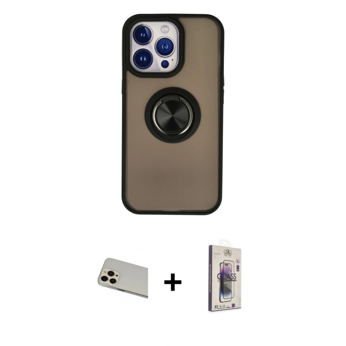 MARSİLYAN™- iPhone 13 Pro Max Kılıf Yörünge Çizgi - Siyah Bilvis 3D Cam Ekran Koruyucu + Rainbow Kamera Lens Koruma Cam - REGD