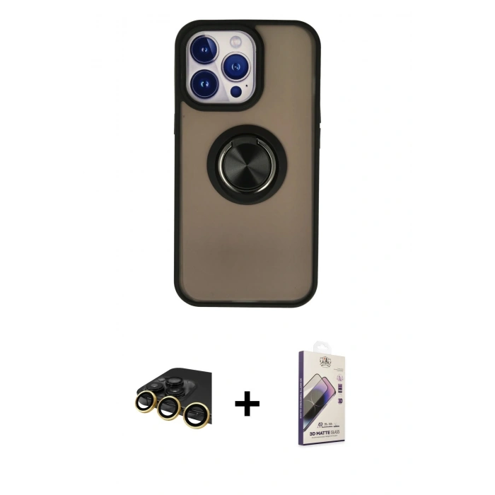 MARSİLYAN™- iPhone 13 Pro Max Kılıf Yörünge Çizgi - Siyah Bilvis 3D Mat Cam Ekran Koruyucu + Gold Raze Metal Kamera Lens