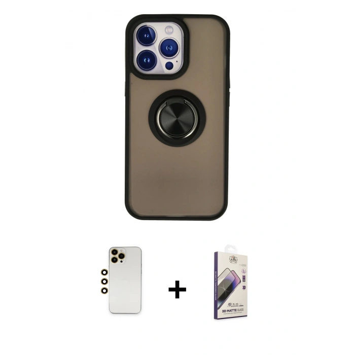 MARSİLYAN™- iPhone 13 Pro Max Kılıf Yörünge Çizgi - Siyah Bilvis 3D Mat Cam Ekran Koruyucu + Shine Kamera Lens - GD