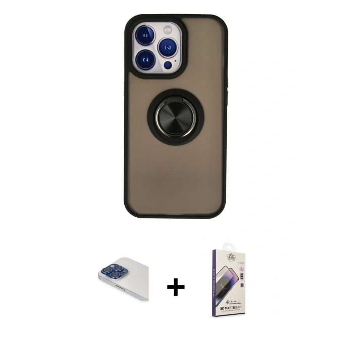 MARSİLYAN™- iPhone 13 Pro Max Kılıf Yörünge Çizgi - Siyah Bilvis 3D Mat Cam Ekran Koruyucu + Lacivert Pers Alüminyum Kamera Lens