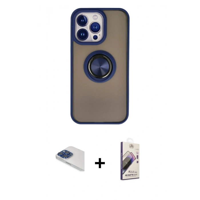 MARSİLYAN™- iPhone 13 Pro Max Kılıf Yörünge Çizgi - Siyah Bilvis 3D Mat Cam Ekran Koruyucu + Lacivert Pers Alüminyum Kamera Lens