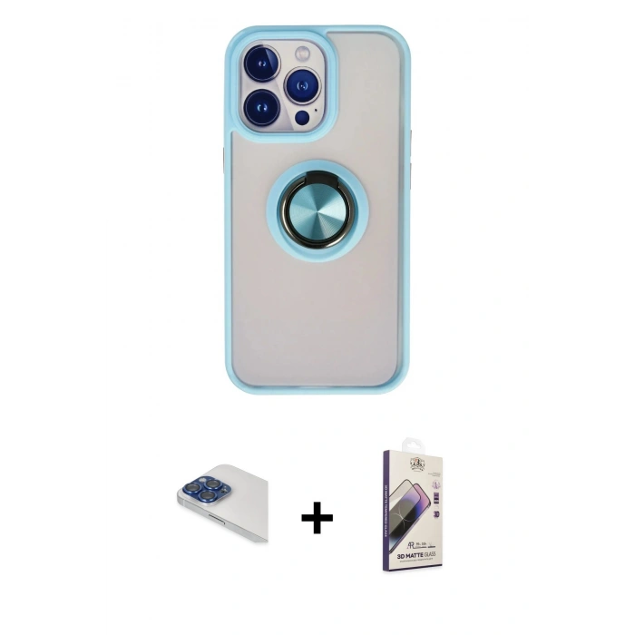 MARSİLYAN™- iPhone 13 Pro Max Kılıf Yörünge Çizgi - Siyah Bilvis 3D Mat Cam Ekran Koruyucu + Lacivert Pers Alüminyum Kamera Lens