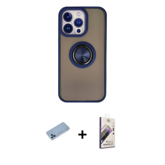 MARSİLYAN™- iPhone 13 Pro Max Kılıf Yörünge Çizgi - Siyah Bilvis 3D Mat Cam Ekran Koruyucu + Mavi Shine Kamera Lens Koruma Cam