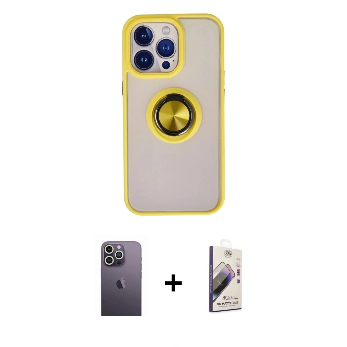 MARSİLYAN™- iPhone 13 Pro Max Kılıf Yörünge Çizgi - Siyah Bilvis 3D Mat Cam Ekran Koruyucu + Neon Fosforlu Kamera Lens - BZ