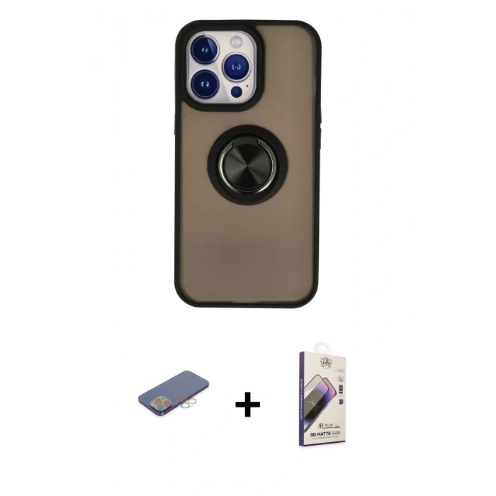 MARSİLYAN™- iPhone 13 Pro Max Kılıf Yörünge Çizgi - Siyah Bilvis 3D Mat Cam Ekran Koruyucu + Renkli Kamera Lens Koruma Cam - PE