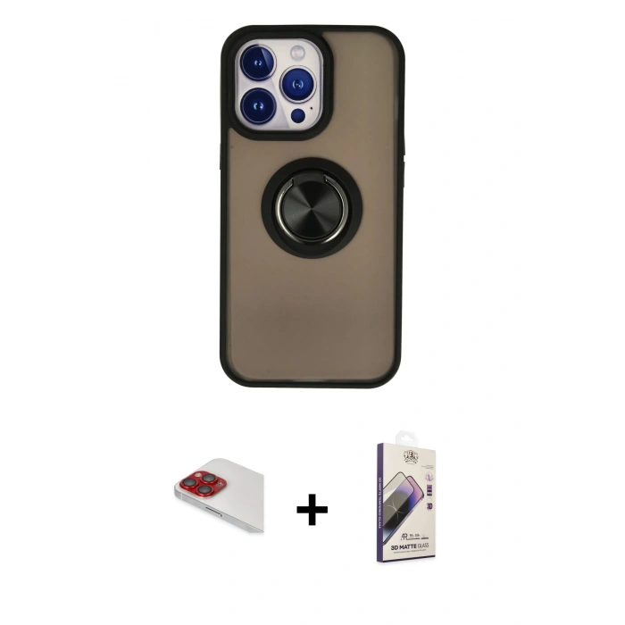MARSİLYAN™- iPhone 13 Pro Max Kılıf Yörünge Çizgi - Siyah Bilvis 3D Mat Cam Ekran Koruyucu + Pers Alüminyum Kamera Lens - KI