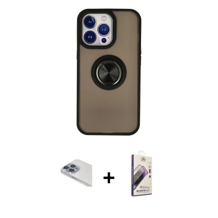 MARSİLYAN™- iPhone 13 Pro Max Kılıf Yörünge Çizgi - Siyah Bilvis 3D Mat Cam Ekran Koruyucu + Pers Alüminyum Kamera Lens - SABE