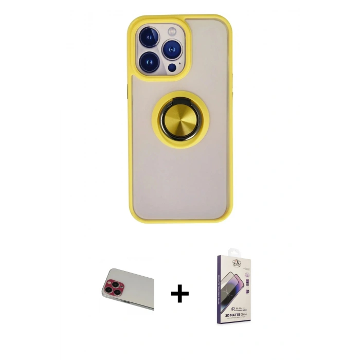 MARSİLYAN™- iPhone 13 Pro Max Kılıf Yörünge Çizgi - Siyah Bilvis 3D Mat Cam Ekran Koruyucu + Rainbow Kamera Lens Koruma Cam - KI