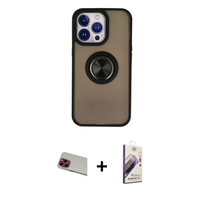 MARSİLYAN™- iPhone 13 Pro Max Kılıf Yörünge Çizgi - Siyah Bilvis 3D Mat Cam Ekran Koruyucu + Rainbow Kamera Lens Koruma Cam - KI
