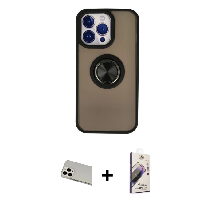 MARSİLYAN™- iPhone 13 Pro Max Kılıf Yörünge Çizgi - Siyah Bilvis 3D Mat Cam Ekran Koruyucu + Rainbow Kamera Lens Koruma Cam - BZ