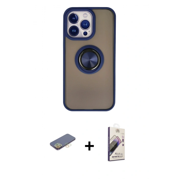 MARSİLYAN™- iPhone 13 Pro Max Kılıf Yörünge Çizgi - Siyah Bilvis 3D Mat Cam Ekran Koruyucu + Renkli Kamera Lens Koruma Cam - SI