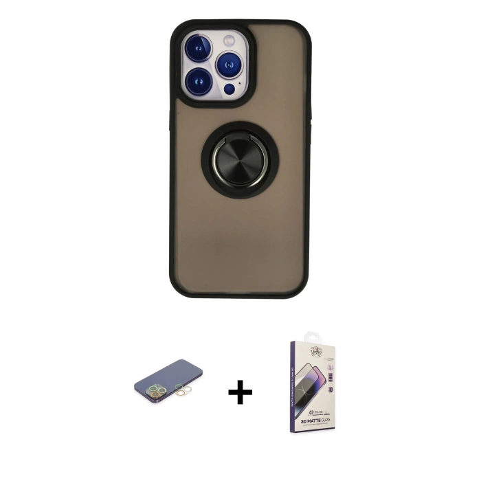 MARSİLYAN™- iPhone 13 Pro Max Kılıf Yörünge Çizgi - Siyah Bilvis 3D Mat Cam Ekran Koruyucu + Renkli Kamera Lens Koruma Cam - SI