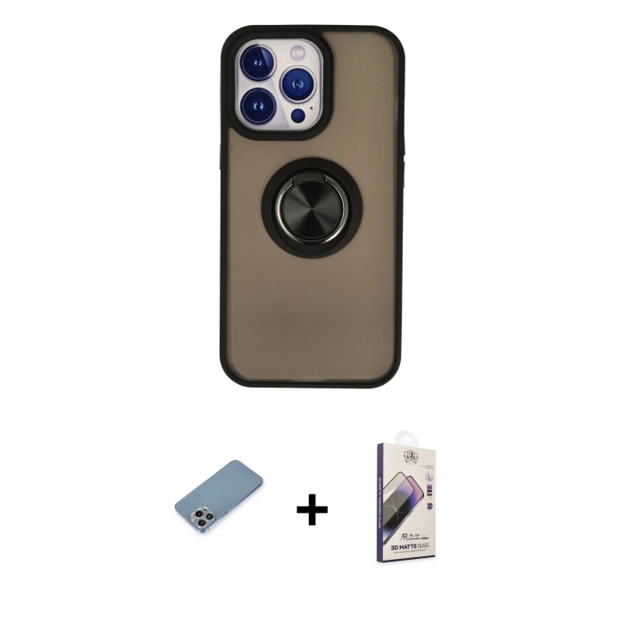 MARSİLYAN™- iPhone 13 Pro Max Kılıf Yörünge Çizgi - Siyah Bilvis 3D Mat Cam Ekran Koruyucu + Shine Kamera Lens Koruma Cam - GI