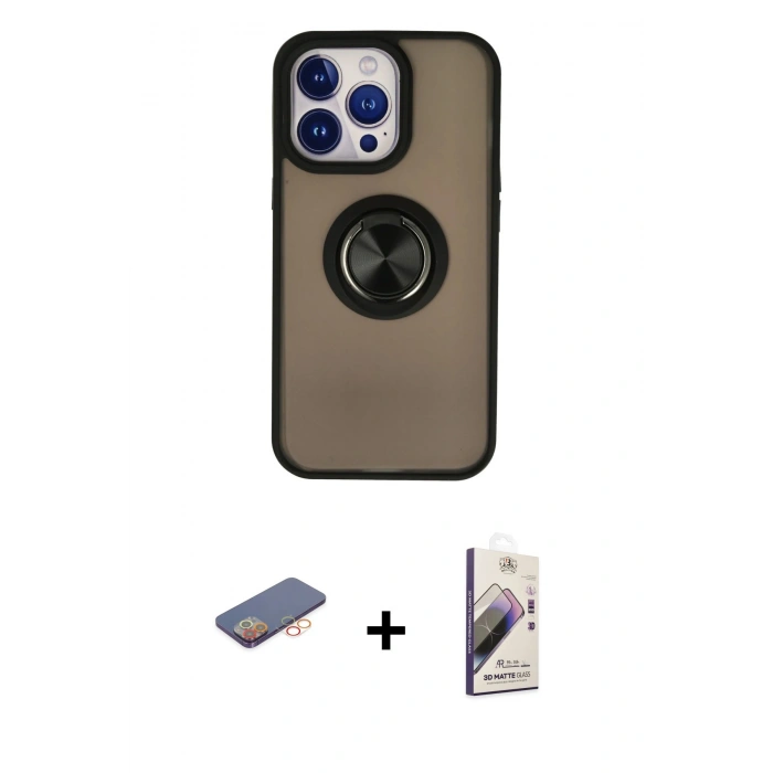 MARSİLYAN™- iPhone 13 Pro Max Kılıf Yörünge Çizgi - Siyah Bilvis 3D Mat Cam Ekran Koruyucu + Renkli Kamera Lens Koruma Cam - TU