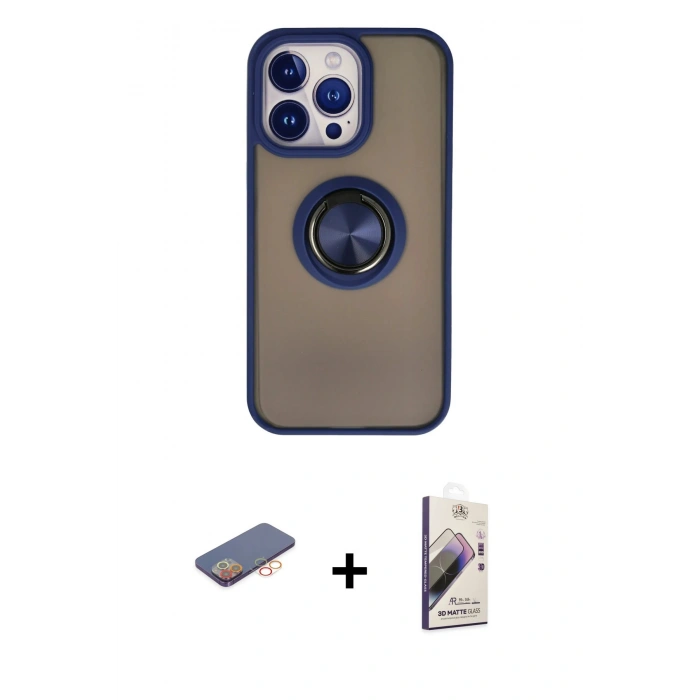 MARSİLYAN™- iPhone 13 Pro Max Kılıf Yörünge Çizgi - Siyah Bilvis 3D Mat Cam Ekran Koruyucu + Renkli Kamera Lens Koruma Cam - TU