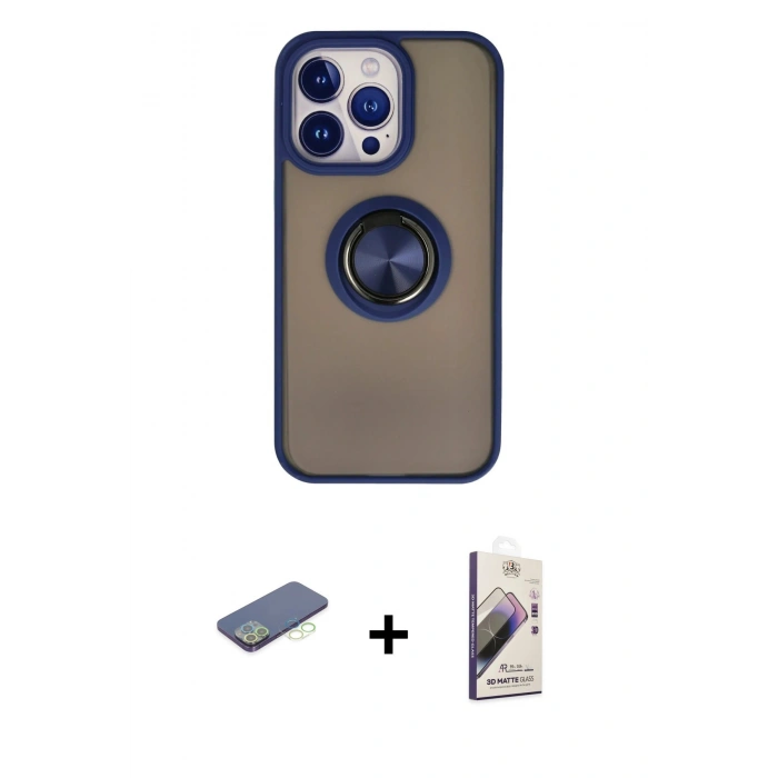 MARSİLYAN™- iPhone 13 Pro Max Kılıf Yörünge Çizgi - Siyah Bilvis 3D Mat Cam Ekran Koruyucu + Renkli Kamera Lens Koruma Cam - YL
